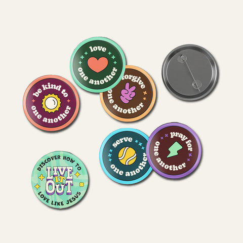 Live It Out VBS Daily Theme Buttons (Set of 12) - 72 buttons included