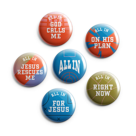 Daily Theme Buttons, 6 designs (12 bundles of 6 — 72 total) - Dude Perfect VBS 27 ALL IN!